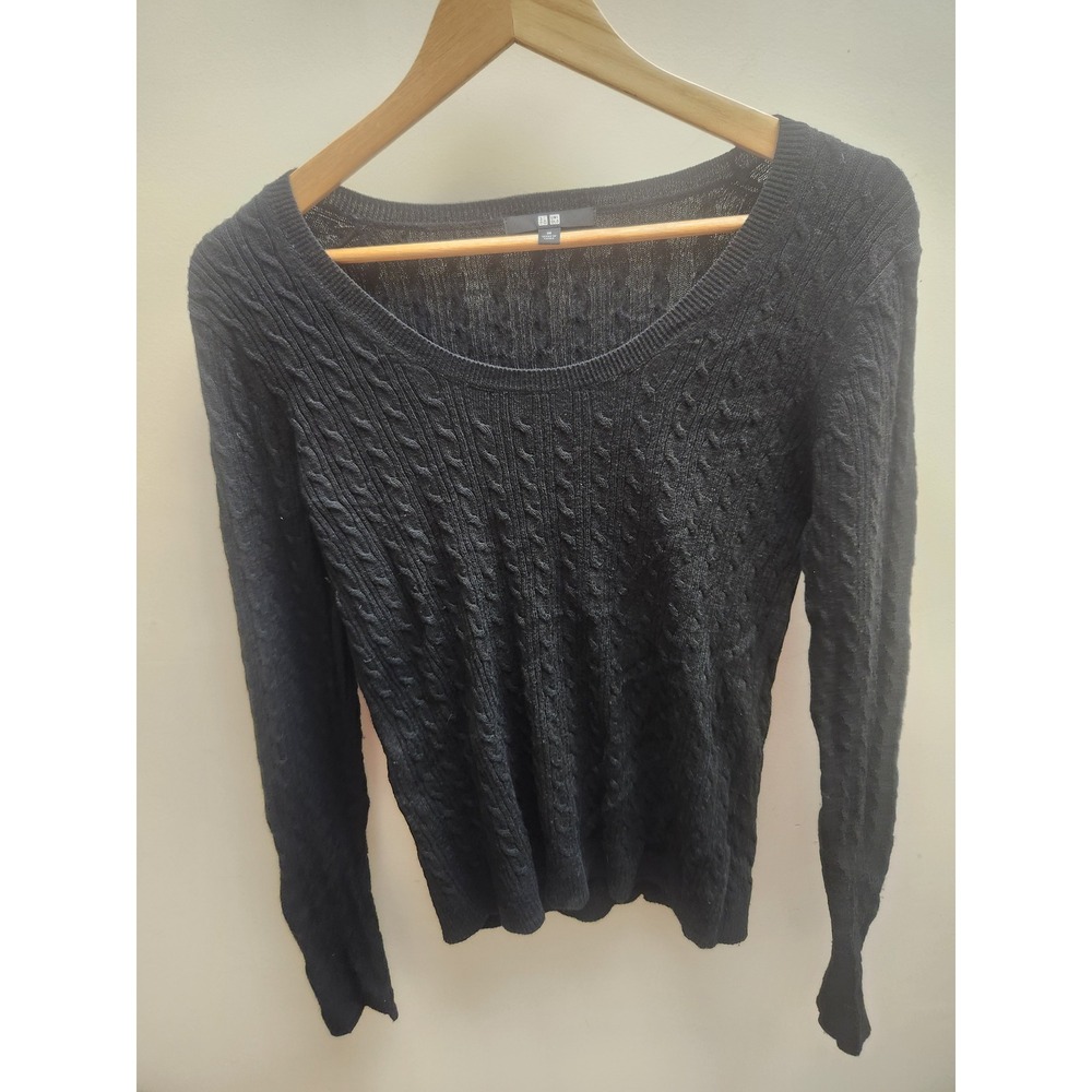 Uniqlo Womens Black Cable‎ Knit Scoop Neck Sweater Wool Cashmere Blend Size M
